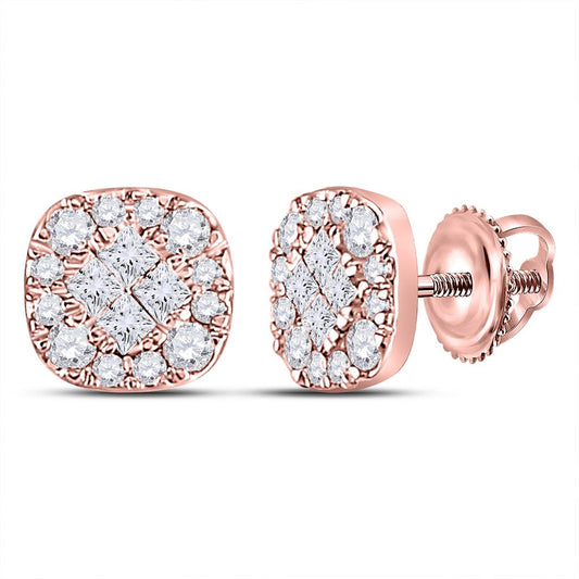 14k Rose Gold Princess Round Diamond Square Cluster Earrings 1/2 Cttw