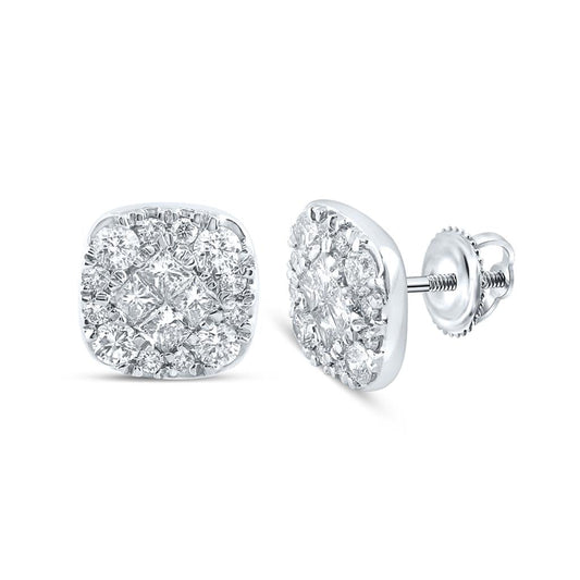 14k White Gold Princess Round Diamond Cluster Earrings 1 Cttw
