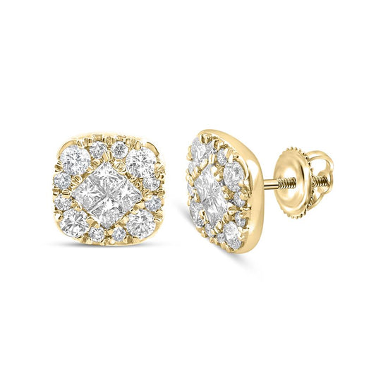 14k Yellow Gold Princess Round Diamond Cluster Earrings 1 Cttw