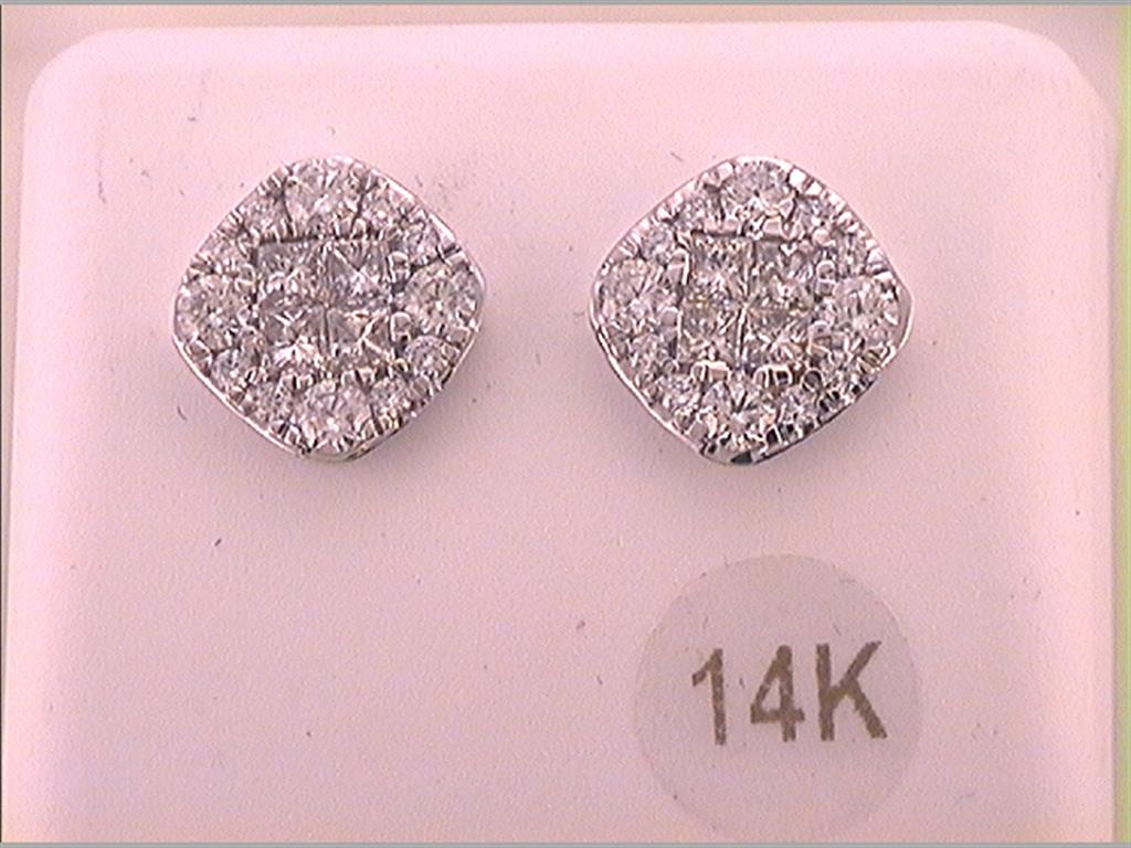 14k White Gold Princess Round Diamond Square Cluster Earrings 1-1/2 Cttw