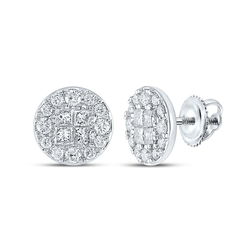 14k White Gold Princess Round Diamond Cluster Earrings 2 Cttw