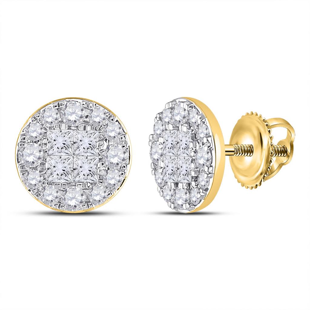 14k Yellow Gold Princess Round Diamond Cluster Earrings 2 Cttw