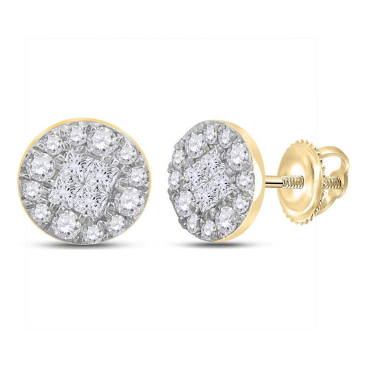 14k Yellow Gold Princess Round Diamond Cluster Earrings 1/4 Cttw