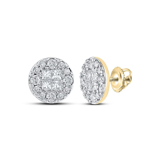 14k Yellow Gold Princess Round Diamond Cluster Earrings 1/2 Cttw