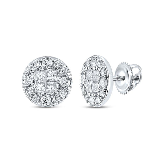 14k White Gold Princess Round Diamond Cluster Earrings 1 Cttw
