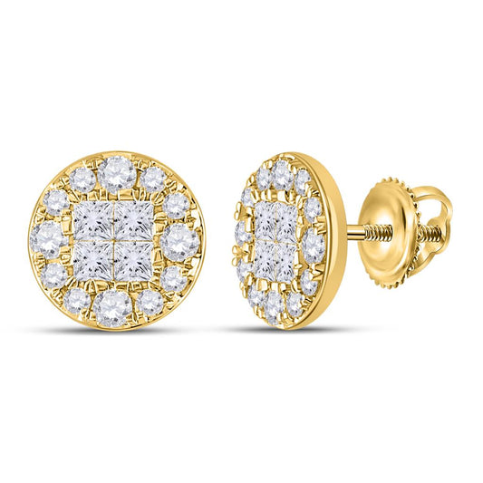 14k Yellow Gold Princess Round Diamond Cluster Earrings 1 Cttw