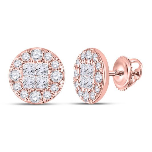 14k Rose Gold Princess Round Diamond Cluster Earrings 1 Cttw