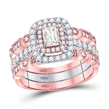 14k Two-tone Gold Emerald Diamond 3-Piece Bridal Wedding Ring Set 7/8 Cttw