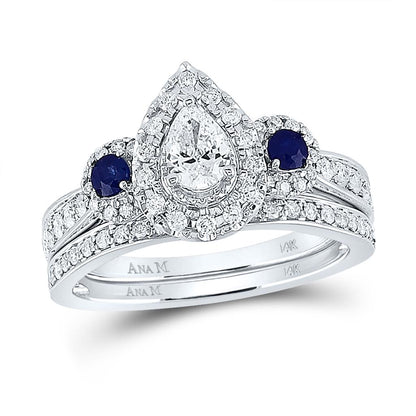 14k White Gold Pear Diamond Bridal Wedding Ring Set 7/8 Cttw (Certified)