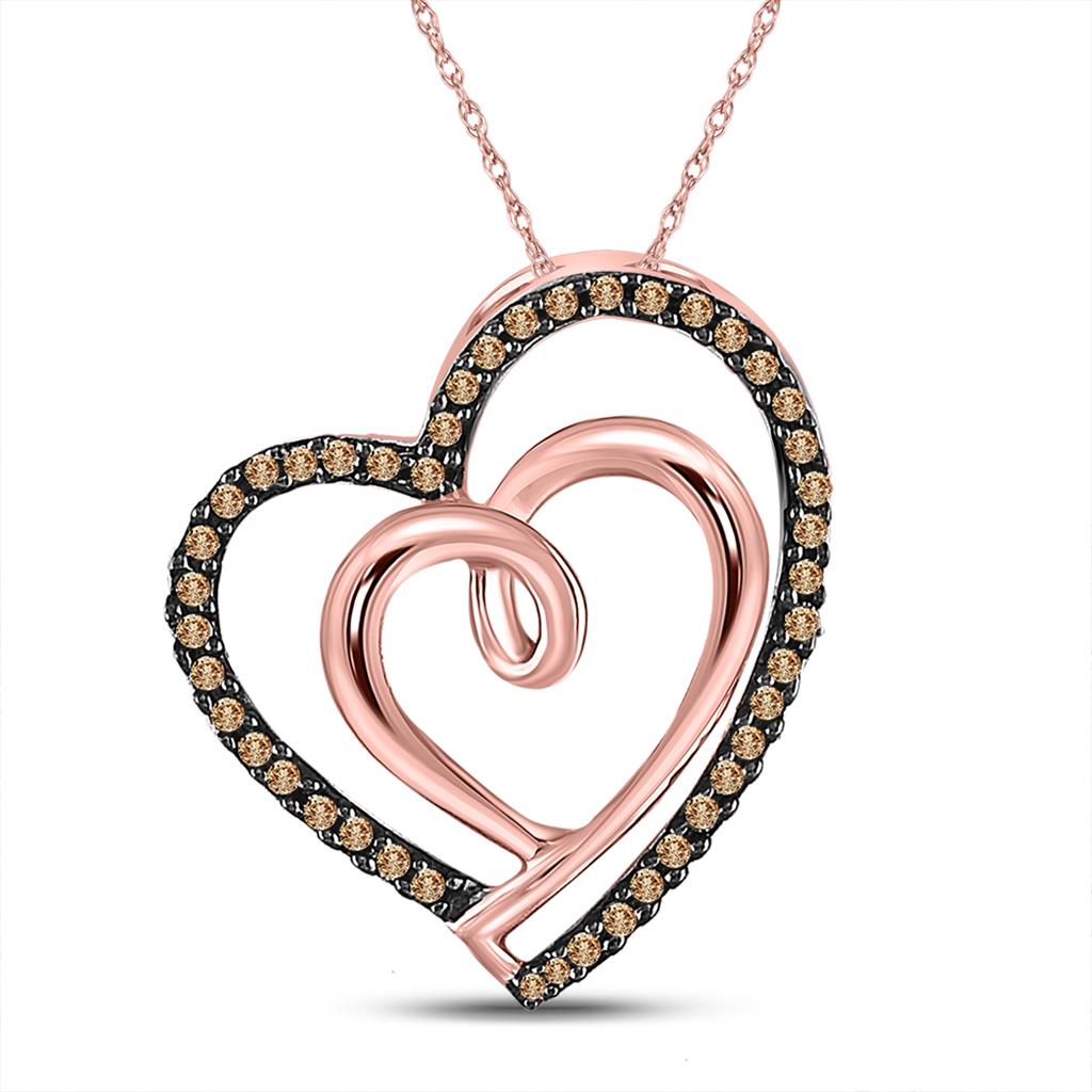10k Rose Gold Round Brown Diamond Double Heart Pendant 1/6 Cttw