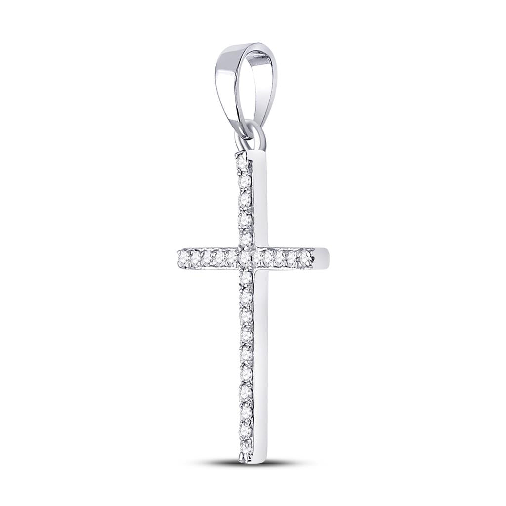 14k White Gold Round Diamond Religious Cross Pendant 1/6 Cttw