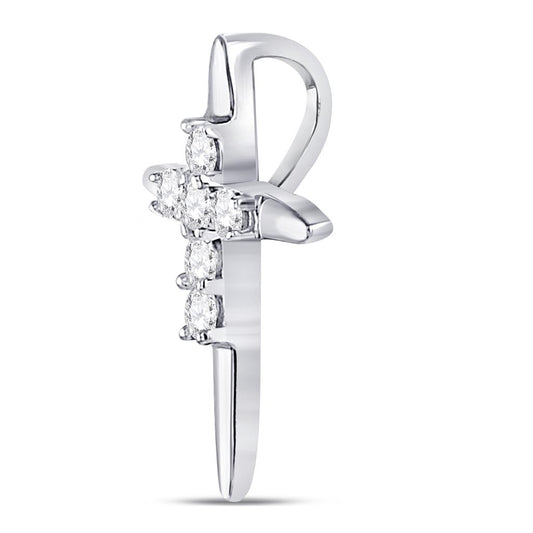 14k White Gold Round Diamond Religious Cross Pendant 1/10 Cttw