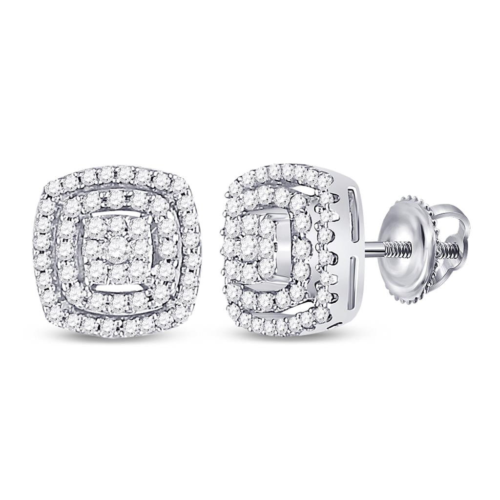 14k White Gold Round Diamond Square Frame Cluster Earrings 1/4 Cttw