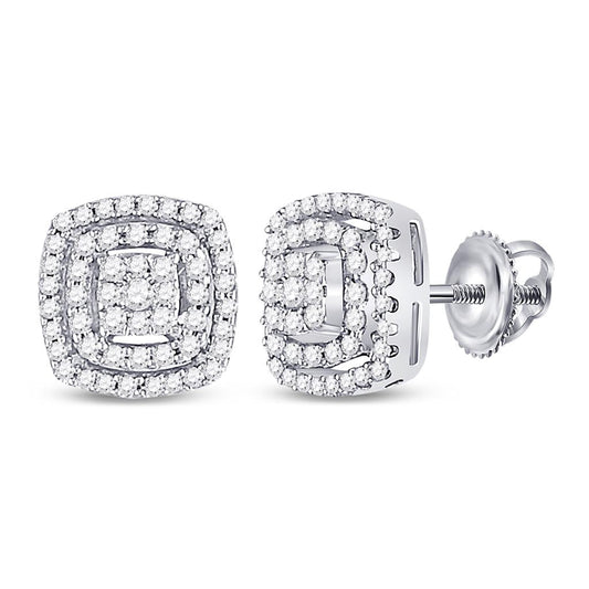 14k White Gold Round Diamond Square Frame Cluster Earrings 1/4 Cttw
