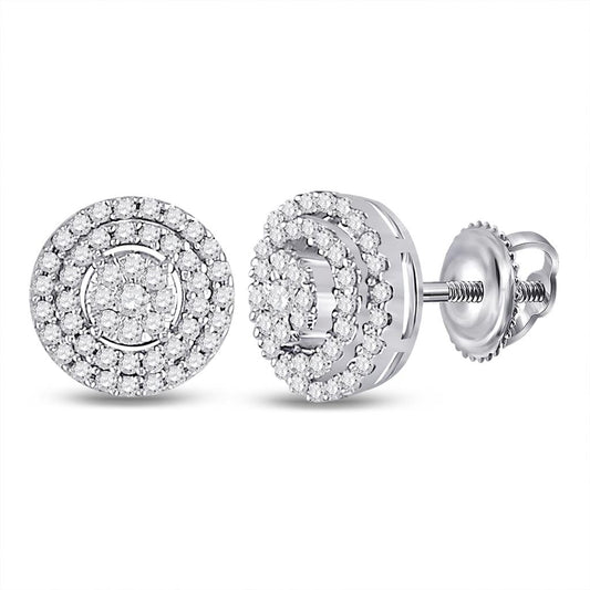 14k White Gold Round Diamond Circle Cluster Earrings 1/4 Cttw