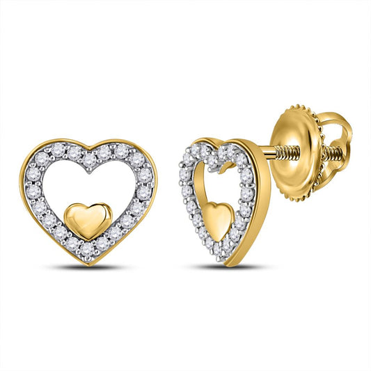 10k Yellow Gold Round Diamond Heart Earrings 1/8 Cttw