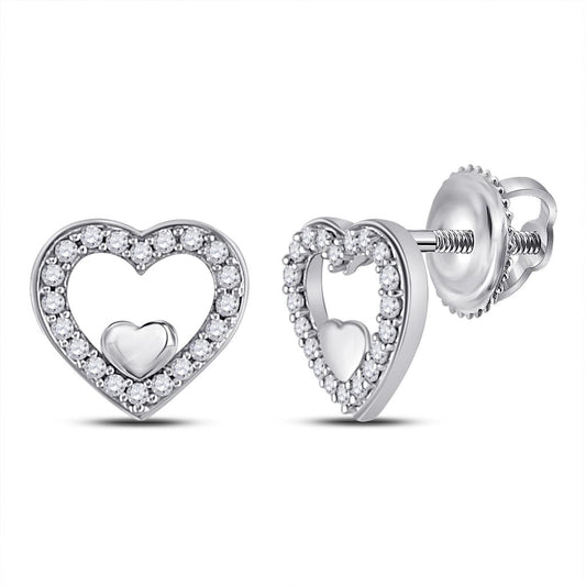 14k White Gold Round Diamond Heart Earrings 1/8 Cttw