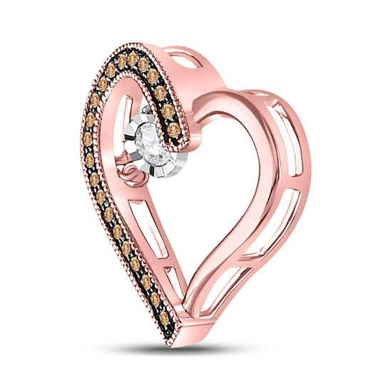 10k Rose Gold Round Brown Diamond Heart Moving Pendant 1/5 Cttw