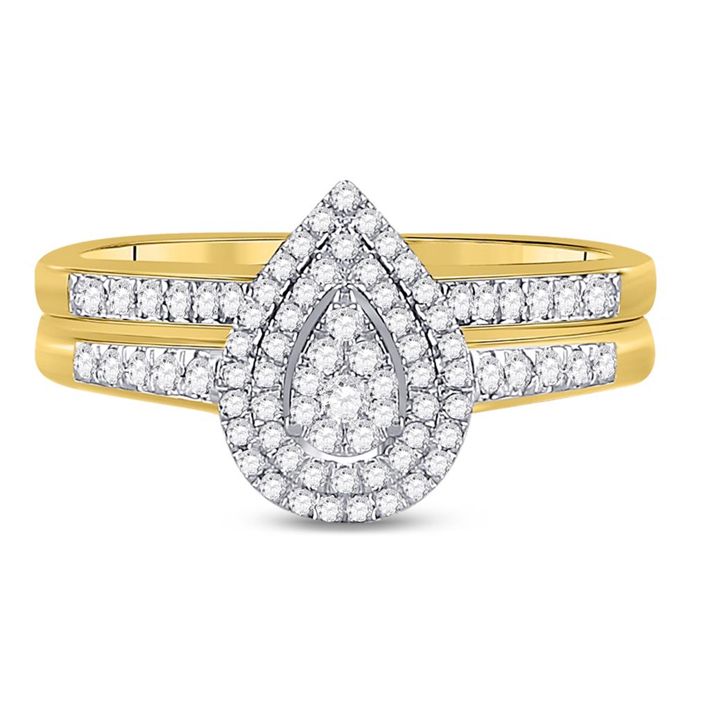 10k Yellow Gold Round Diamond Pear-shape Bridal Wedding Ring Set 1/3 Cttw