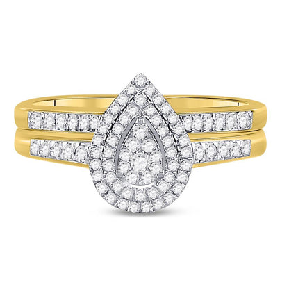 10k Yellow Gold Round Diamond Pear-shape Bridal Wedding Ring Set 1/3 Cttw