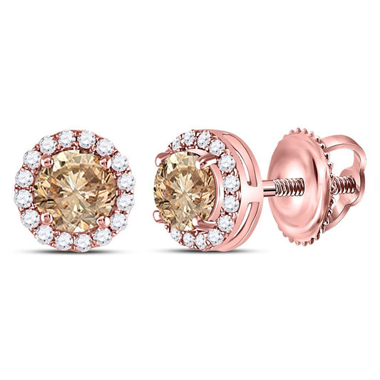 14k Rose Gold Round Brown Diamond Stud Earrings 1 Cttw