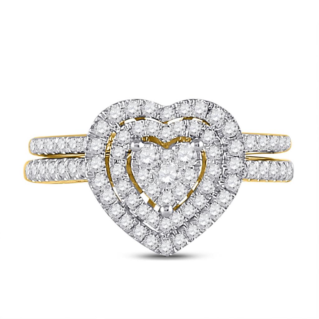 10k Yellow Gold Round Diamond Heart Bridal Wedding Ring Set 5/8 Cttw