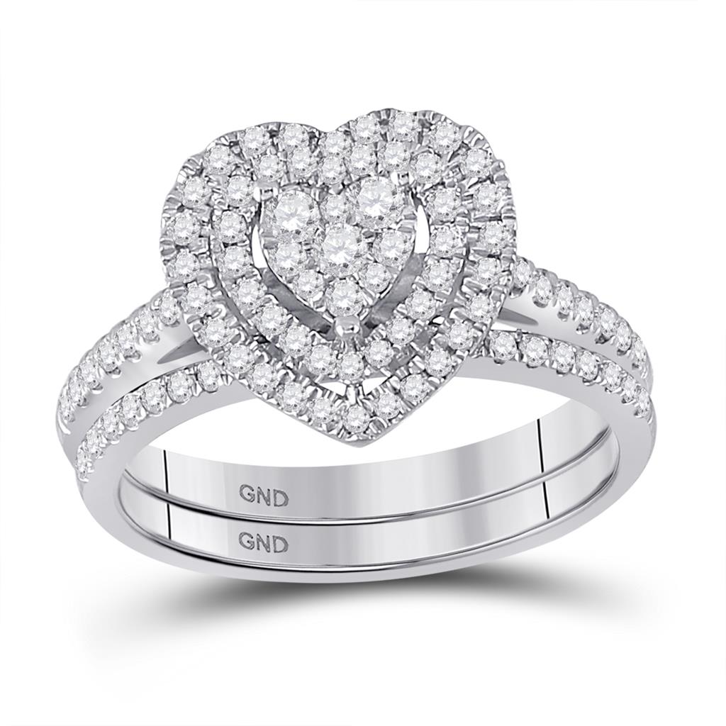 14k White Gold Round Diamond Heart Bridal Wedding Ring Set 5/8 Cttw