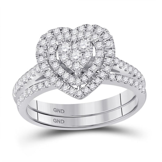 14k White Gold Round Diamond Heart Bridal Wedding Ring Set 5/8 Cttw