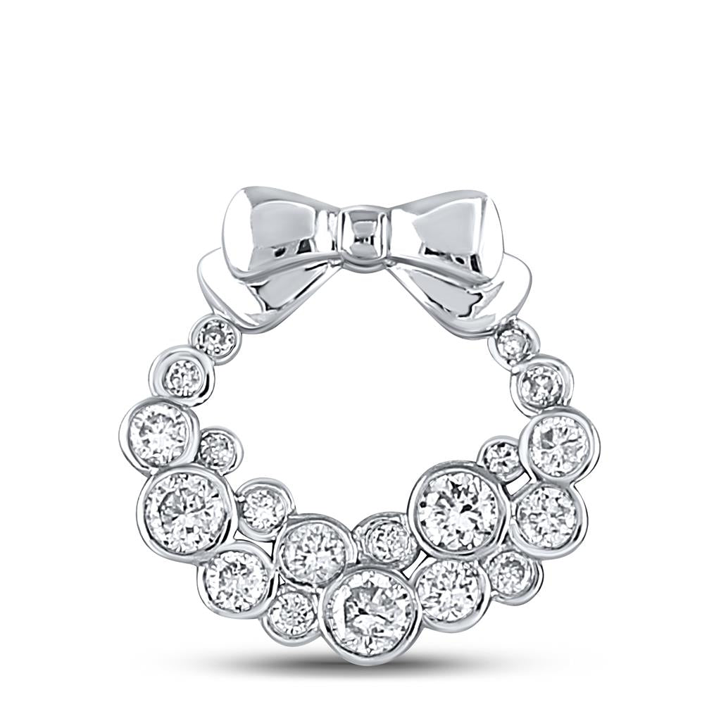 14k White Gold Round Diamond Holiday Wreath Pendant 1/2 Cttw