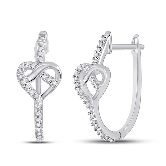 14k White Gold Round Diamond Heart Knot Hoop Earrings 1/6 Cttw