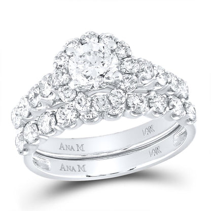 14k White Gold Round Diamond Bridal Wedding Ring Set 2 Ctw (Certified)