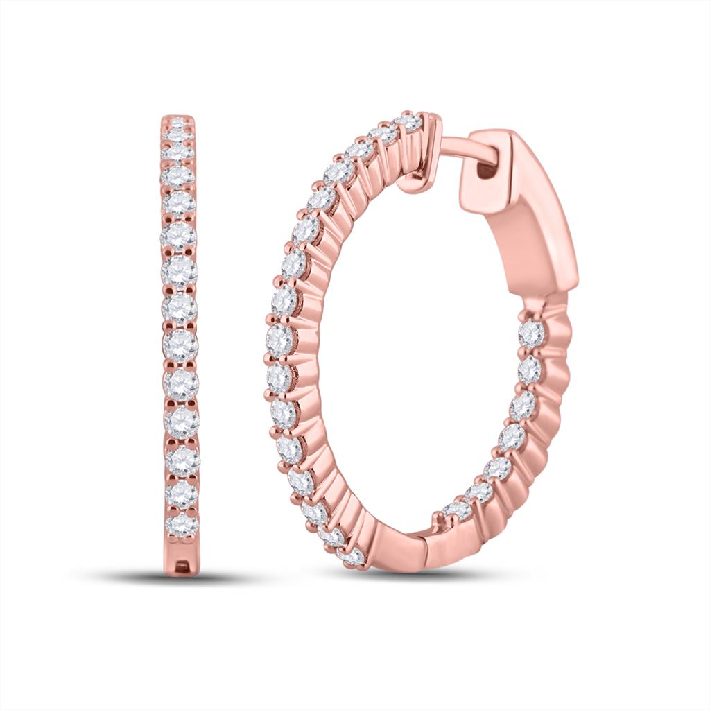 10k Rose Gold Round Diamond Inside Outside Hoop Earrings 1 Cttw