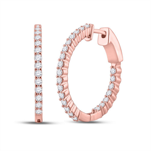 10k Rose Gold Round Diamond Inside Outside Hoop Earrings 1 Cttw