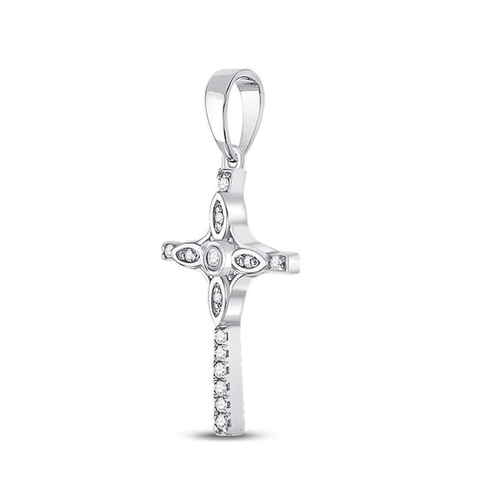 14k White Gold Round Diamond Faith Cross Pendant 1/12 Cttw