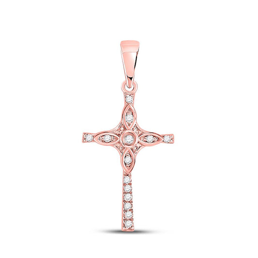 10k Rose Gold Round Diamond Faith Cross Pendant 1/12 Cttw