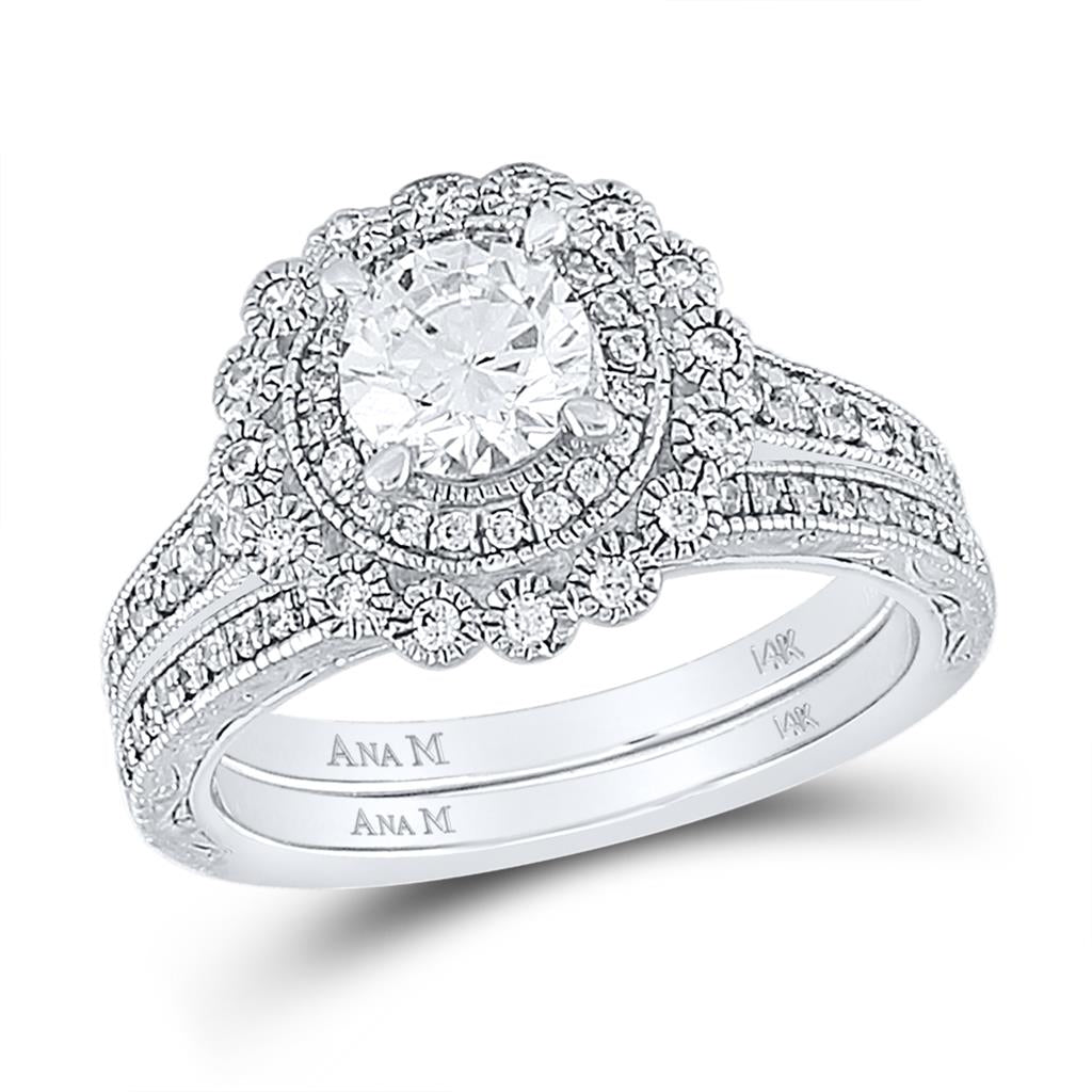 14k White Gold Round Diamond Bridal Wedding Ring Set 1-1/5 Cttw (Certified)
