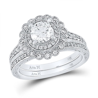 14k White Gold Round Diamond Bridal Wedding Ring Set 1-1/5 Cttw (Certified)