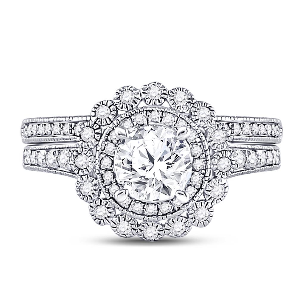 14k White Gold Round Diamond Bridal Wedding Ring Set 1-1/5 Cttw (Certified)