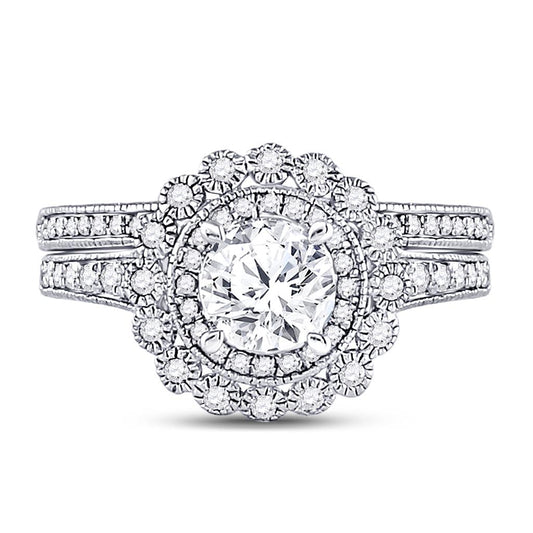 14k White Gold Round Diamond Bridal Wedding Ring Set 1-1/5 Cttw (Certified)