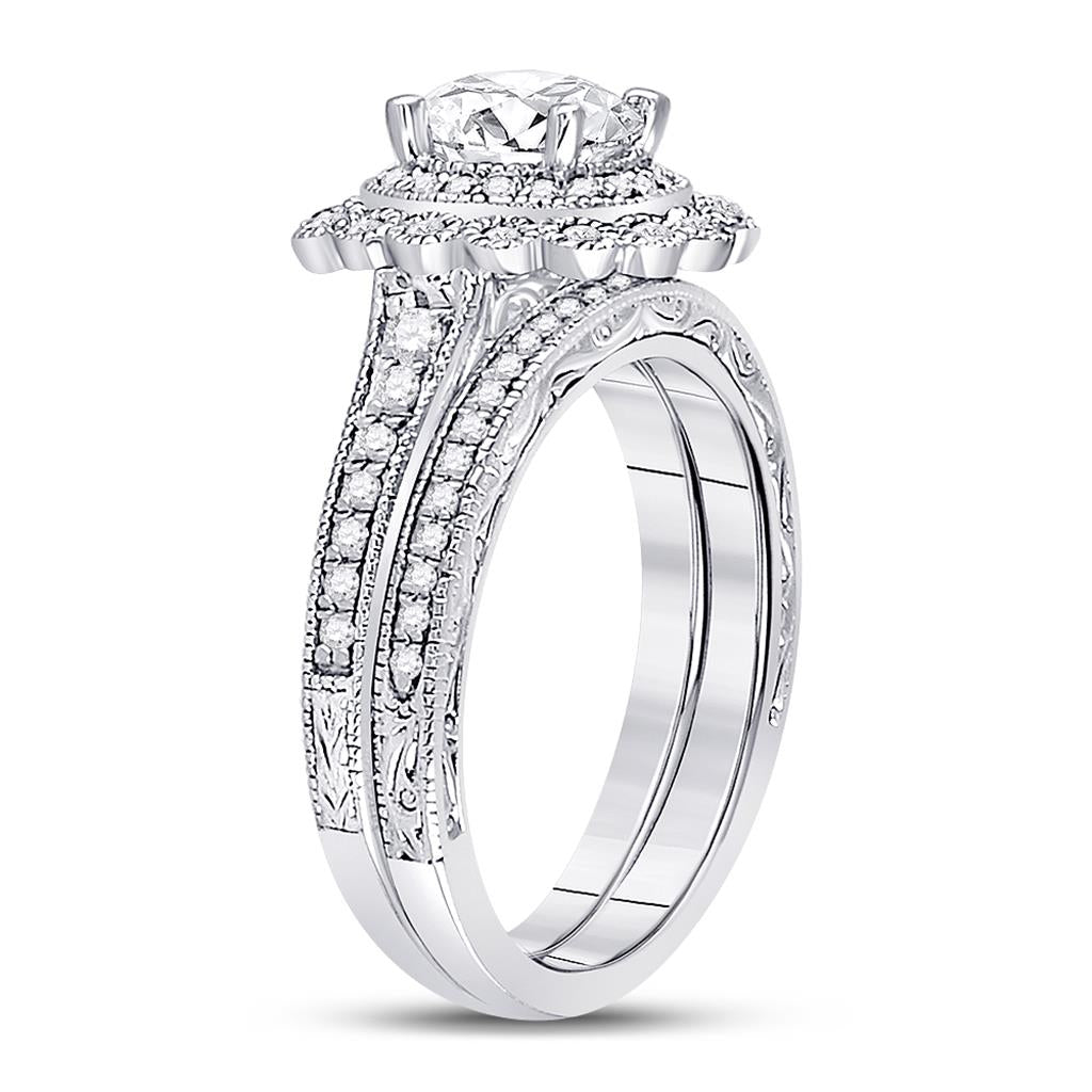 14k White Gold Round Diamond Bridal Wedding Ring Set 1-1/5 Cttw (Certified)
