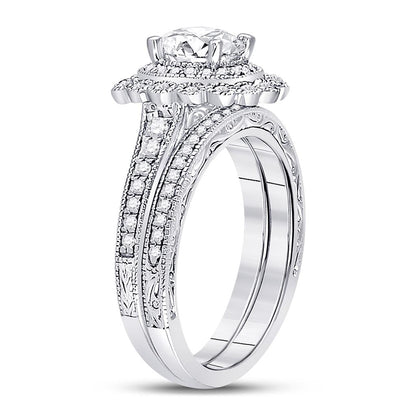 14k White Gold Round Diamond Bridal Wedding Ring Set 1-1/5 Cttw (Certified)