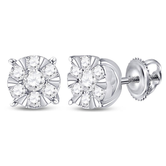 14k White Gold Round Diamond Fashion Cluster Earrings 1/4 Cttw