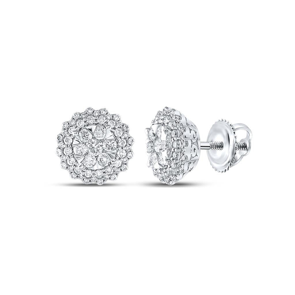 14k White Gold Round Diamond Halo Cluster Earrings 1 Cttw