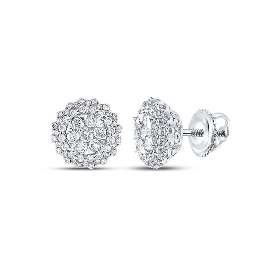 14k White Gold Round Diamond Halo Cluster Earrings 1 Cttw