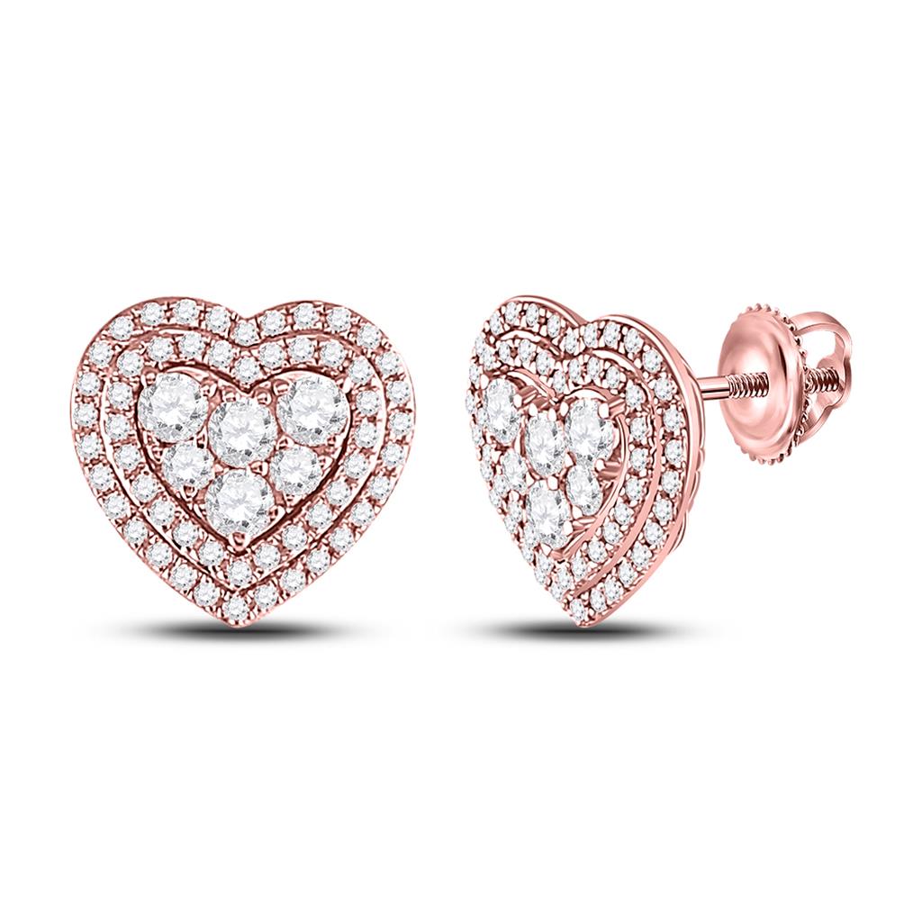 14k Rose Gold Round Diamond Cluster Heart Earrings 1 Cttw