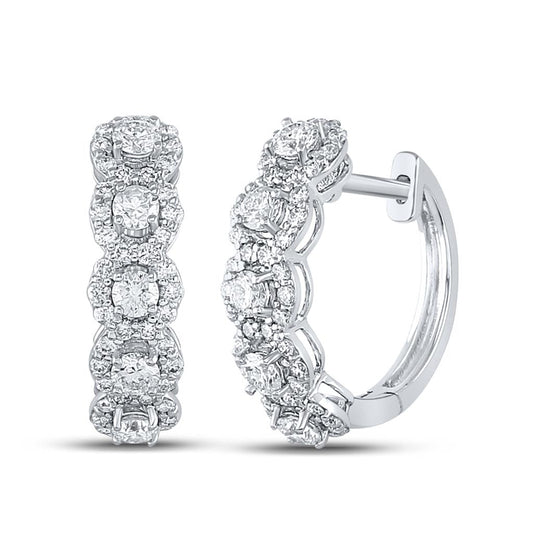 14k White Gold Round Diamond Halo Hoop Earrings 1 Cttw