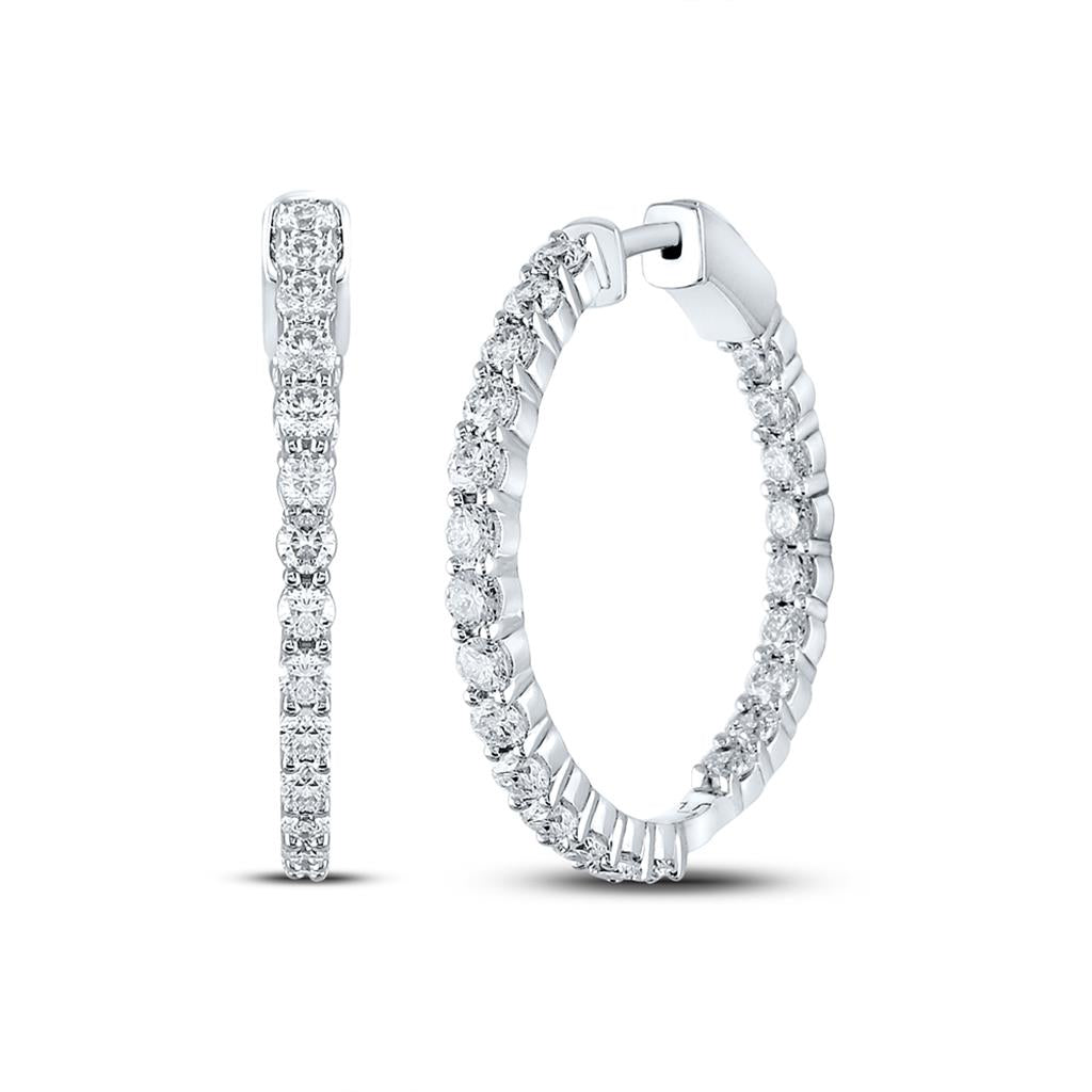 14k White Gold Round Diamond Inside-Outside Hoop Earrings 3 Ctw