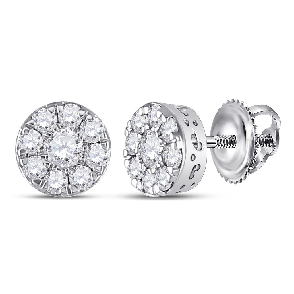 14k White Gold Round Diamond Cluster Earrings 1/2 Cttw