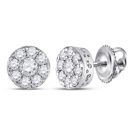 14k White Gold Round Diamond Cluster Earrings 1/2 Cttw