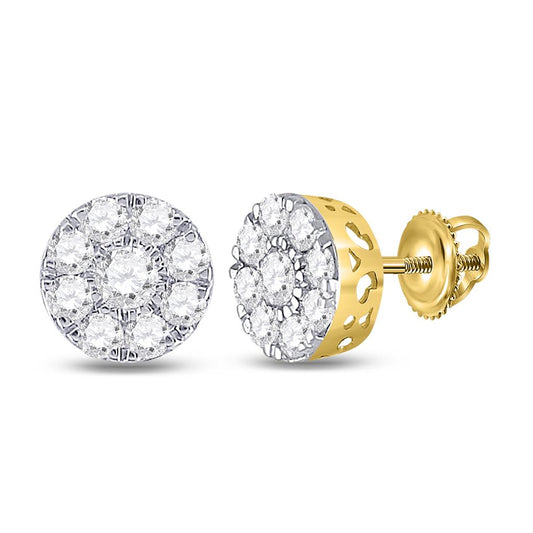 10k Yellow Gold Round Diamond Flower Cluster Earrings 3/4 Cttw